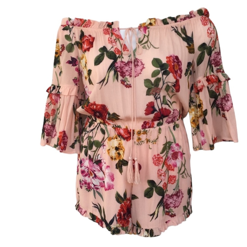 Blu Pepper Off Shoulder Pink Floral Romper Medium